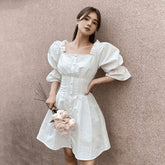 Silk Puff Sleeve Mini Dress with Square Neckline and Fitted Waist Detail